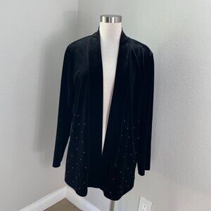 Chicos Travelers Womens XL Black Velvet Open Cardigan Studded Hem Detail Stretch